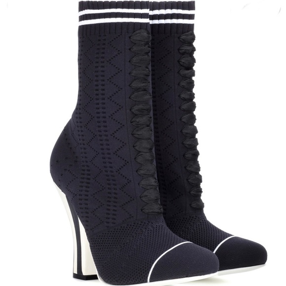 FENDI Black White Rockoko Knit Sock Boots